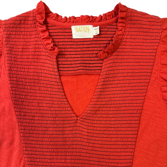 NATION LTD Habiba Fancy Tee Rouge Size XL Smocking Ruffles Pima Cotton - Picture 7 of 14